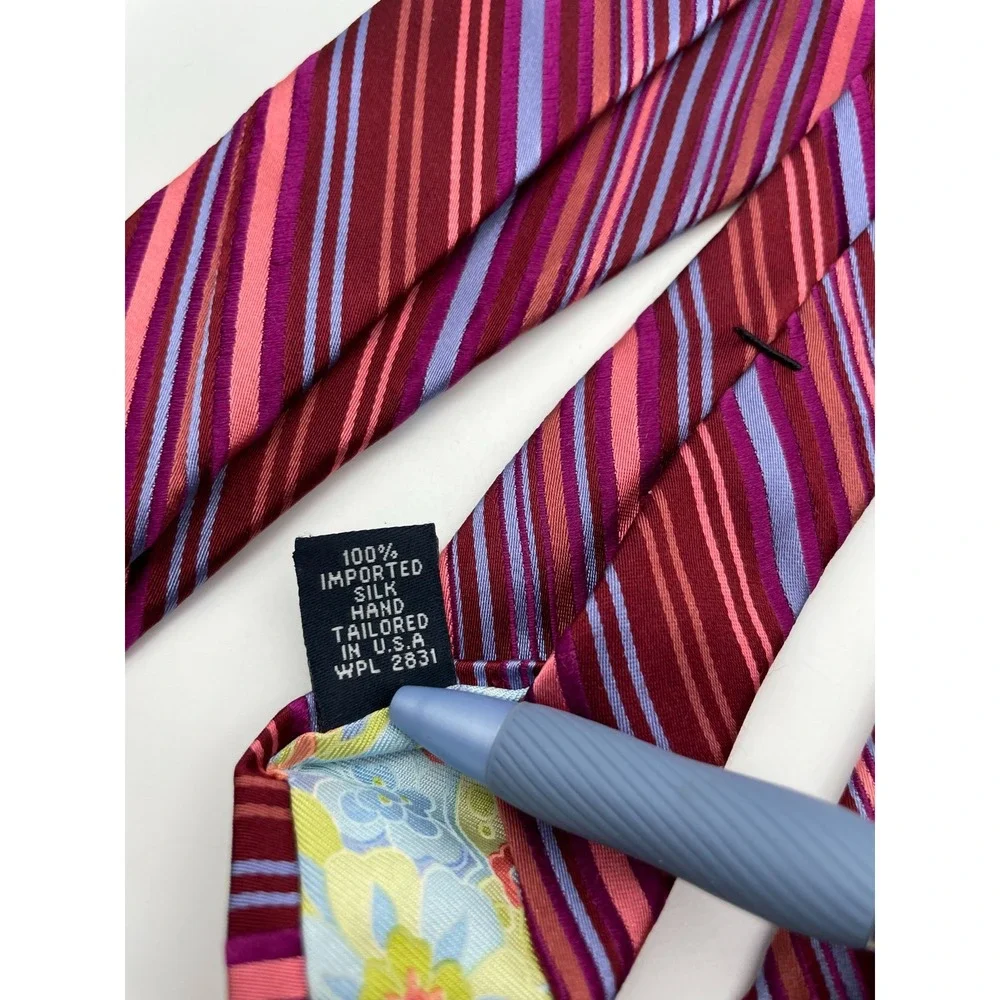Ted Baker London Mens Silk Necktie Burgundy Pink Purple Striped Hand Tailored